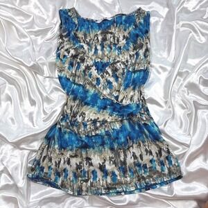 y2k Three Dots Sleeveless Top Blue Excellent Abstract Print Surplice V-Neck